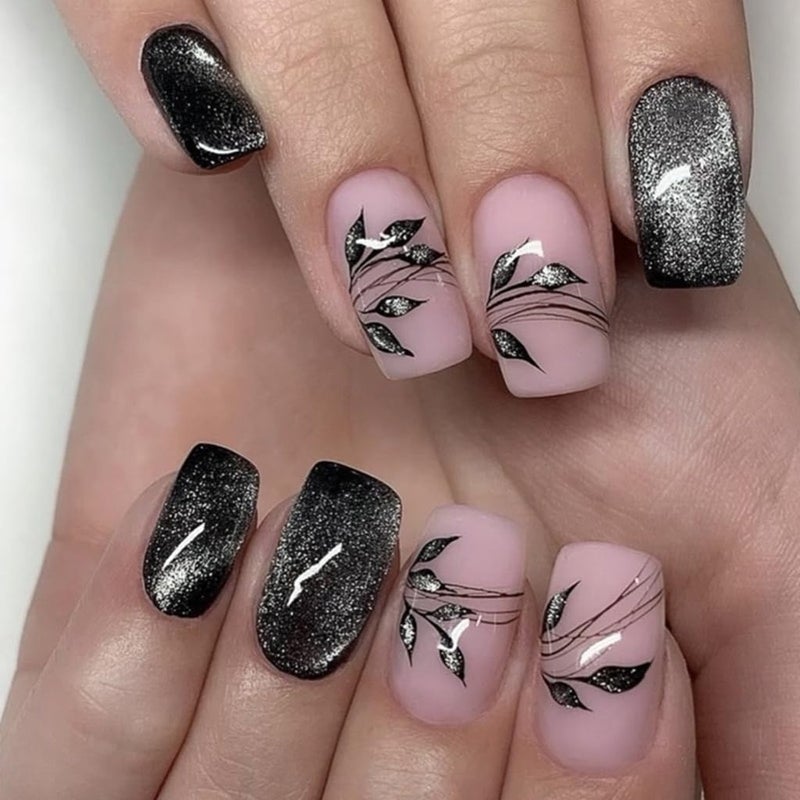 CTTHNBD Medium Press on Nails Square - Black Fake Nails with Leaf Design - Glitter Glossy Full Cover Stick on False Nails - for Women Fall Manicure 24 Pcs - Image 1